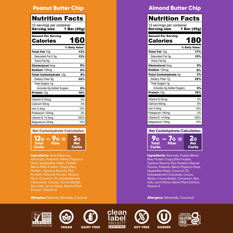 IQBAR Almond Butter Chip & Peanut Butter Chip - 24 Bars - 12g Plant Protein Crunchy Snack with Brain Nutrients