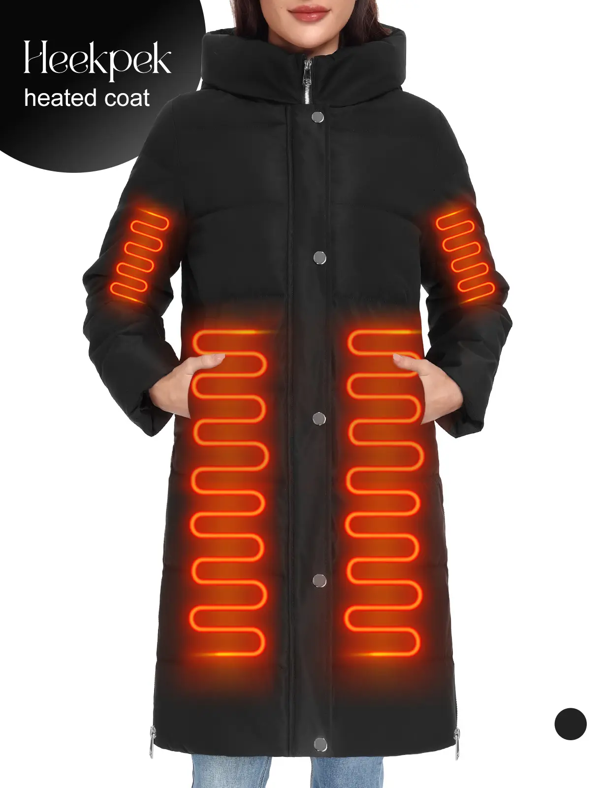 【Off-Season Clearance】HEEKPEK Women’s Heated Long Down Coat with Hood, 8 Heating Zones, Water-Repellent, Longsleeves, Zipper, Pocket, Casual Outdoor Soft Comfortable Everyday Outerwear
