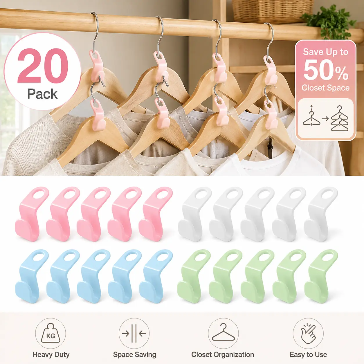 Space Saving Hanger Connector Hooks 20 Pack, Heavy Duty Closet Organizer, Cascading Clothes Hanger Extenders for Closet Storage, Wardrobe, Apartment & Dorm