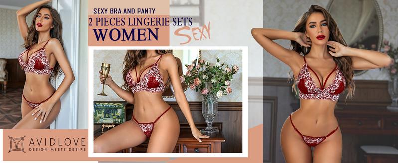 Avidlove Womens Lingerie 2 Piece Lace V Neck Bra and Panty Sets