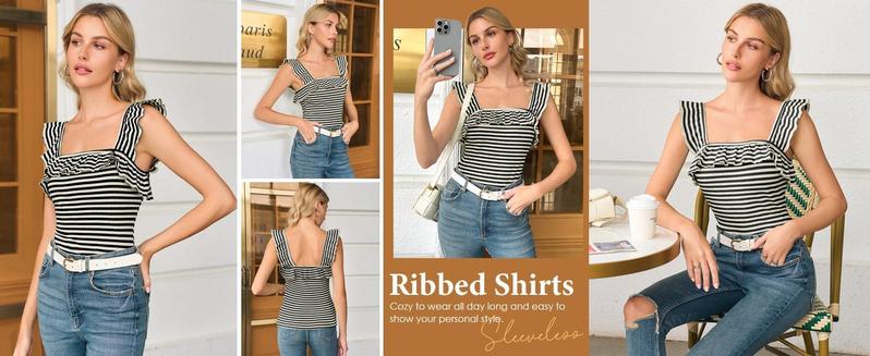 Imily Bela Womens Cute Sleeveless Tank Tops Ruffle Strap Square Neck Blouse Solid Color Knitted Camisole