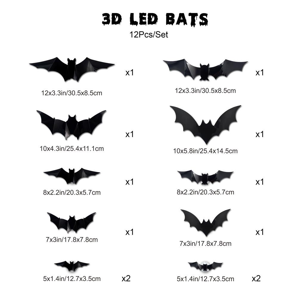【BougeRV 3D Bat Design LED Decorations】12pcs/24pcs Set Spooky Ornaments for Home Party Festival Halloween Easy Install Wall Stickers Smooth Application - Decorative(Non-remote)