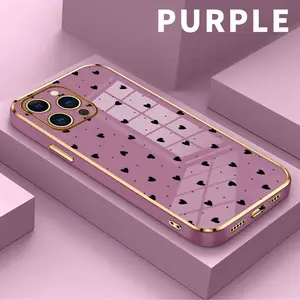 Electroplated Golden Edge Phone Case for iPhone 15 Plus 17 16 Pro Max 14 13 12 11 Heart Dots Pattern Full Body Protection Shockproof Soft Silicone Cover