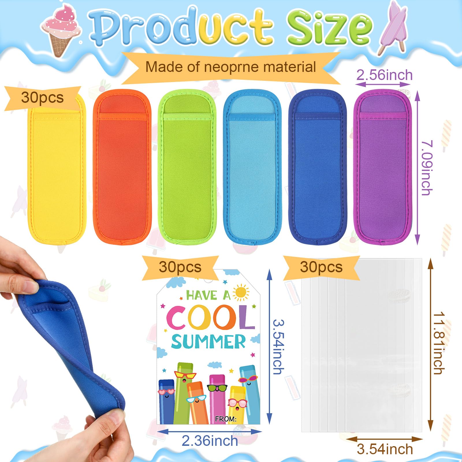 24/30 Pack End of School Year Gifts Reusable Ice Pop Sleeves with Gift Cards & Ribbon, Multicolor Washable Neoprene Popsicle Holders for Students, Classroom Prizes, Summer Favors