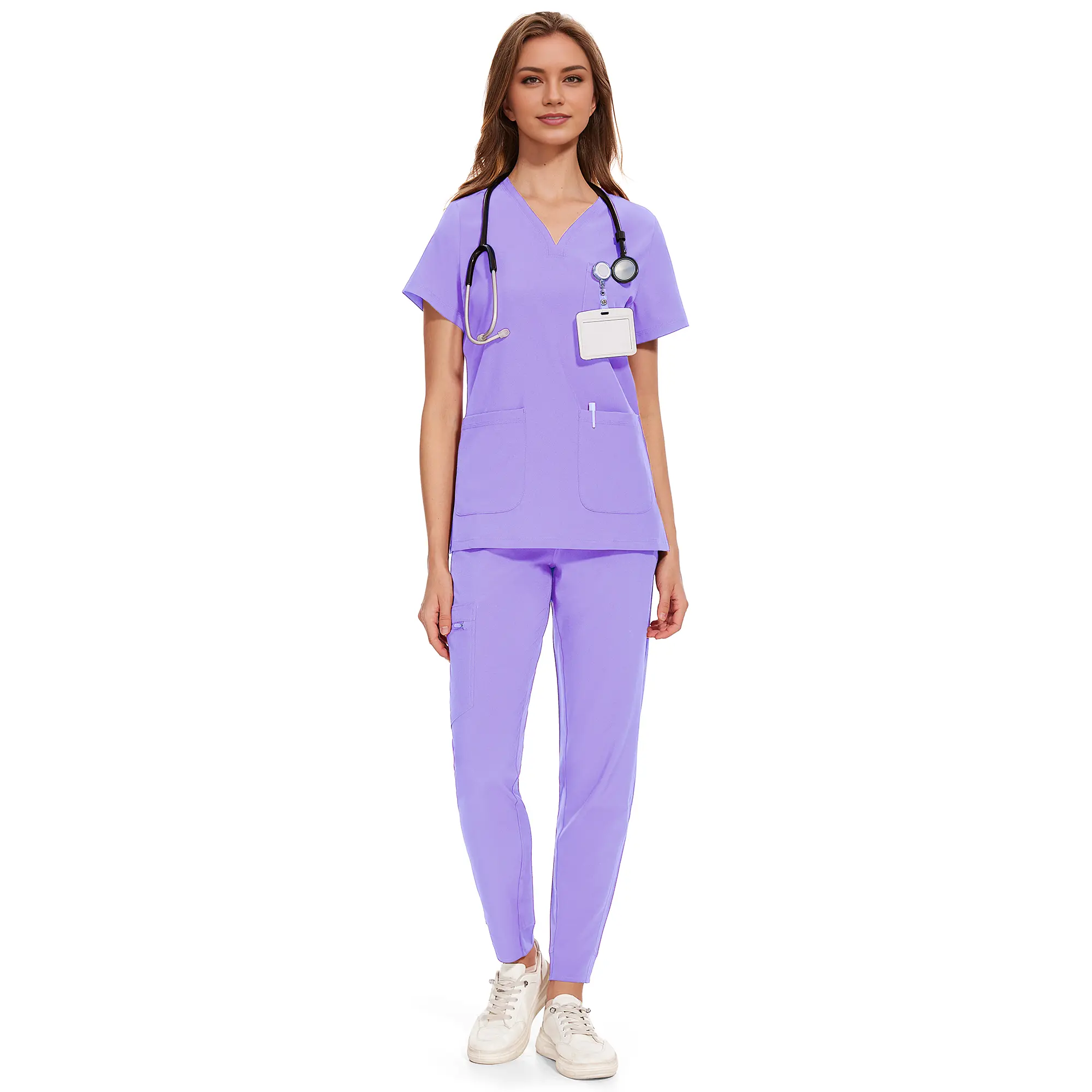 cozyscrubs Women's Medical Style Uniforms Clara Air Set - Curved V-Neck Scrub Top & Jogger Pants with 8 Pockets, Lady Basic Workwear Uniforms for Women's Clothes