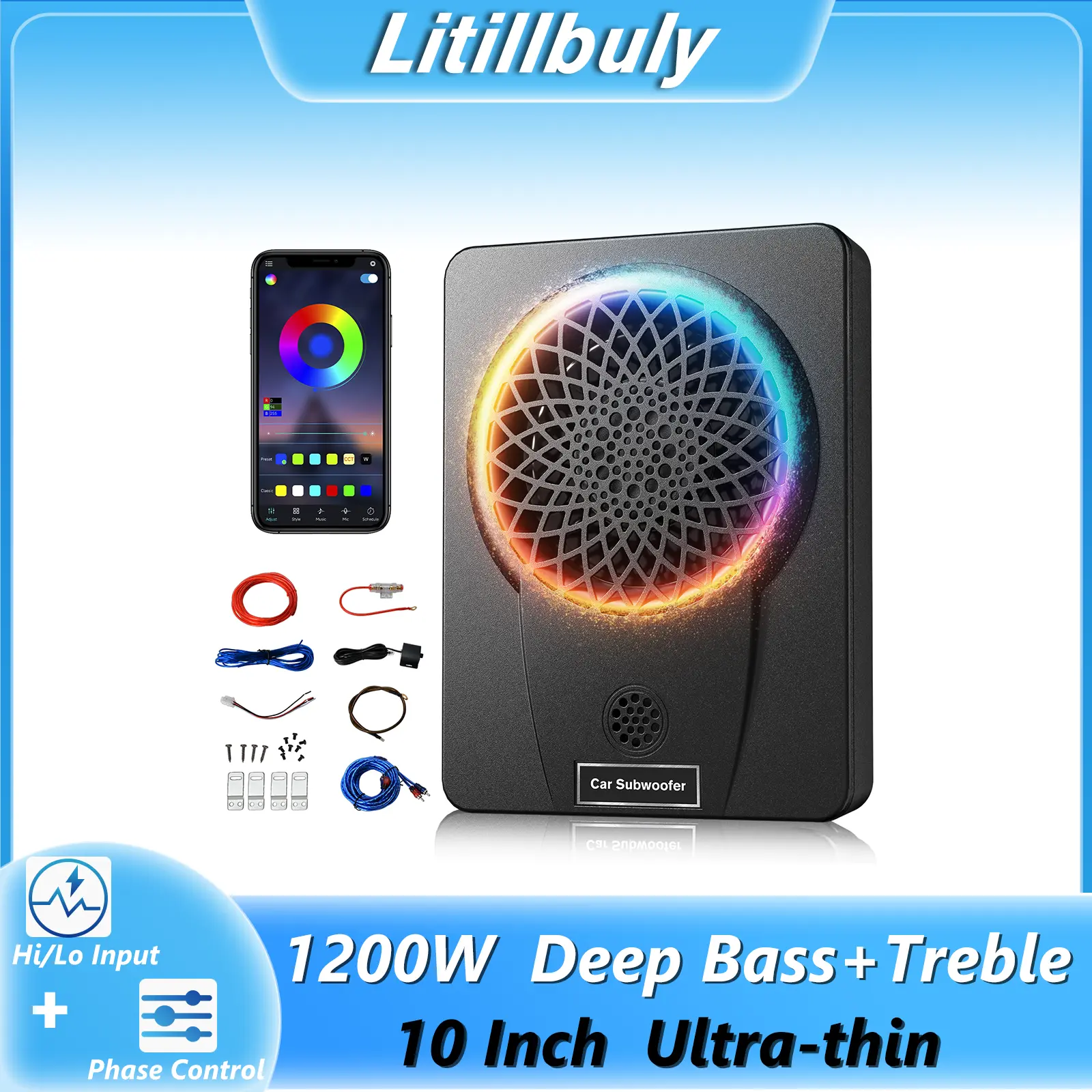 1200W Car Subwoofer 10'' Slim Under Seat with Tweeters and APP-Controlled RGB Lights, Built-in Amplifier, Hi/Lo Input, Deep Bass & Clear Treble Car Audio Amp Package Powered Subwoofer for Car/Truck, Remote Control Enhanced Bass, Fit for Truck/SUV/Jeep/MPV