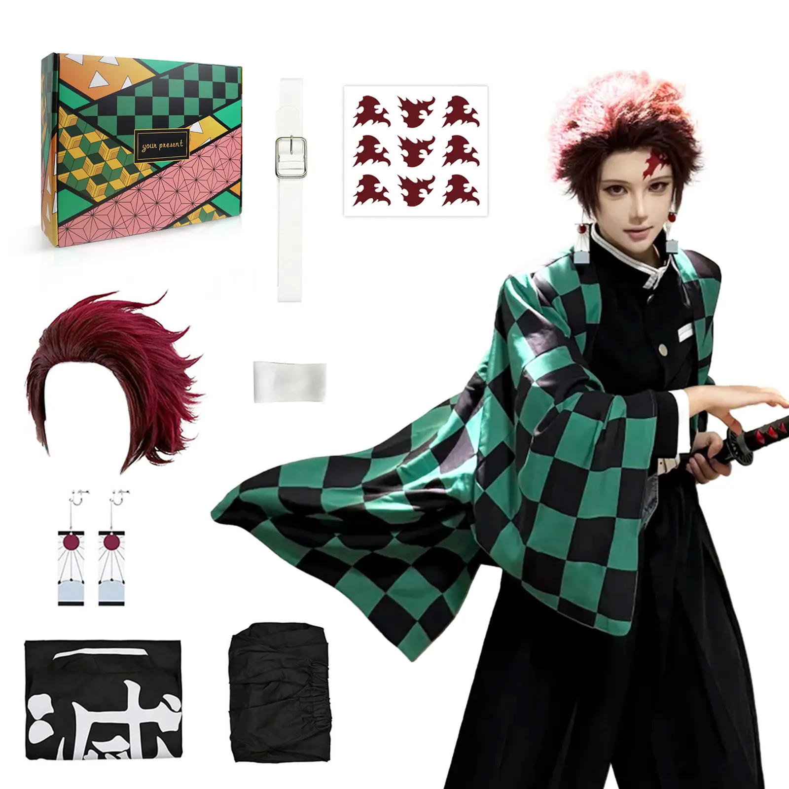 Anime Kimono Cosplay Costume Uniform Set with Wig and Accessories for Mens and Women  for Comic Cons, Halloween and Cosplays Parties, Asian Size Order Size up Belt Tanjiro