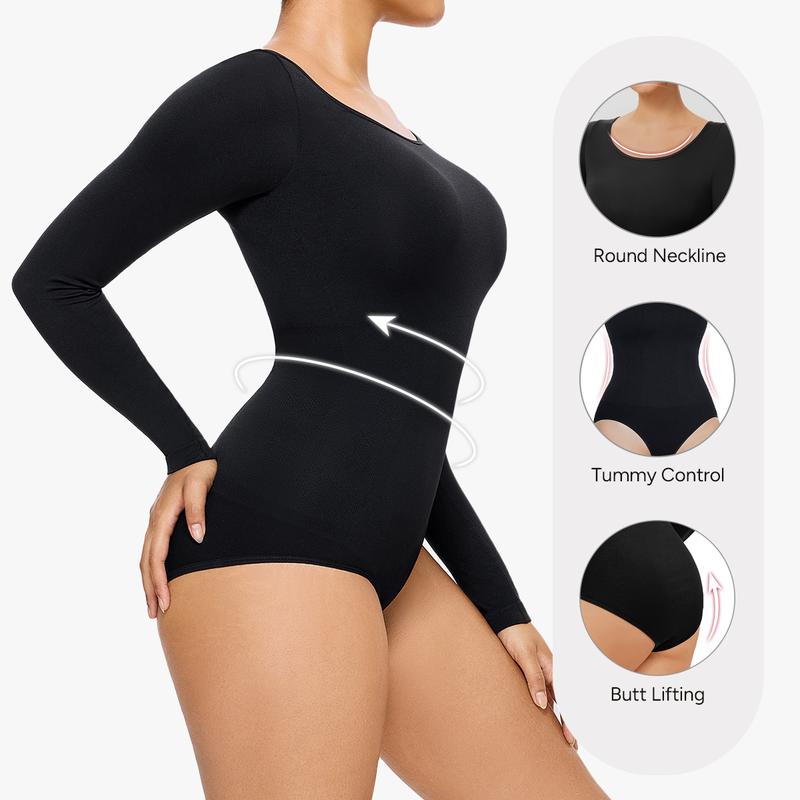 Nebility Women's Seamless Round Collar Long Sleeve Bodysuit Basic Stretch Jumpsuit Minimalist Plain Shapewear Womenswear