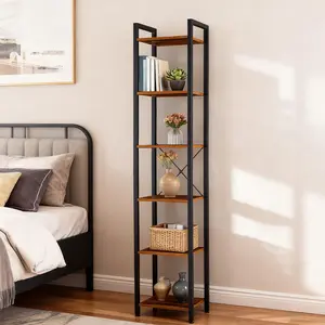 6-Tier Tall Narrow Bookshelf – Skinny Rustic Bookcase with Metal Frame, Small Freestanding Storage Rack & Industrial Display Stand (Ideal for Corners/Small Spaces)