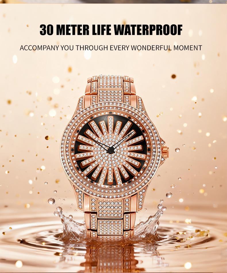 Men's Diamond - Encrusted Gold Watch, Business Quartz Chronograph with RotatingDiamond Dial, Sparkling Effect, WaterResistant, Party Daily Wear Birthday Gift (With Box)