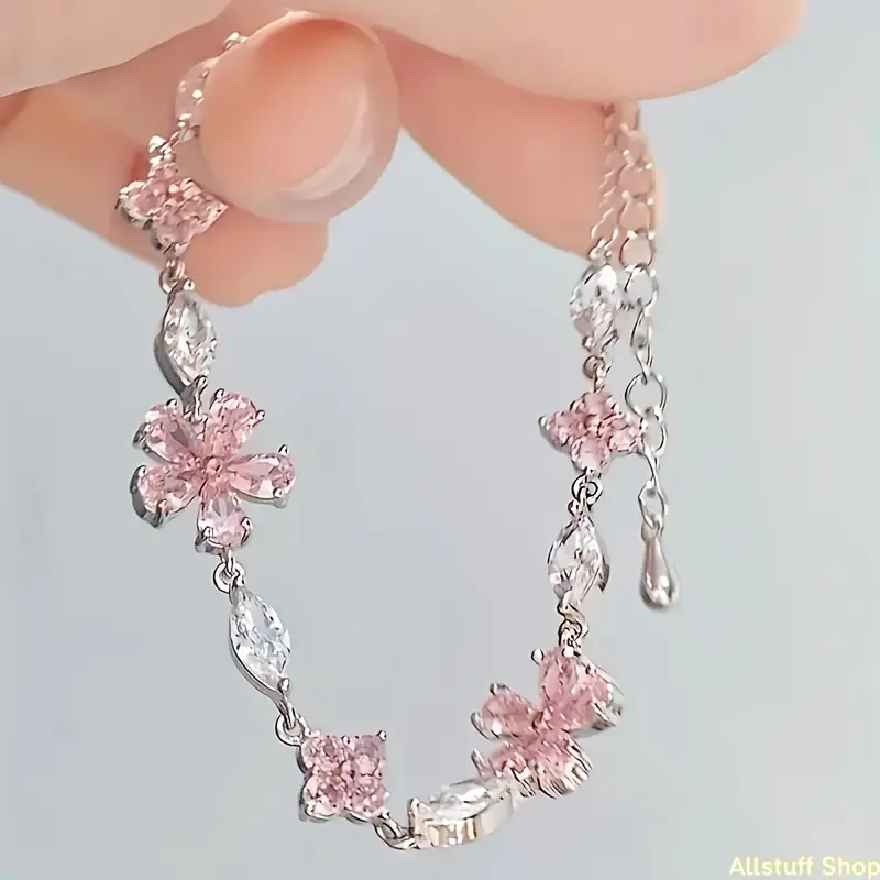 Women's Pink Cherry Blossom Charm Bracelet - 1pc Adjustable Square Petal Chain Jewelry, Fashionable Exquisite Accessories, Ideal Mini Cute Girly Holiday Gifts, Jewelry For Women, Accessories For Women tiktokshopbacktoschool