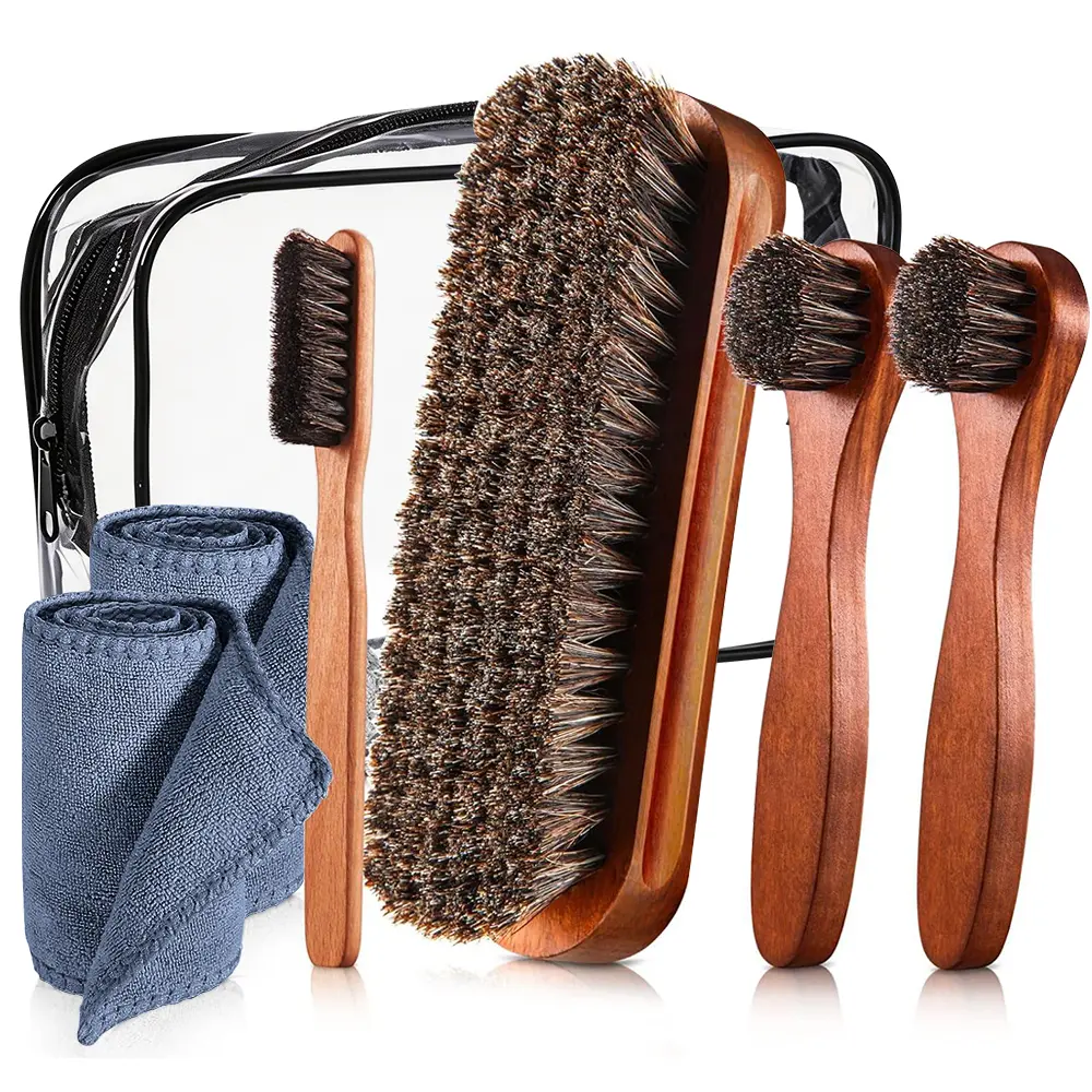 7 Packs Horsehair Shine Shoes Brush Kit Polish Dauber Applicators Cleaning Leather Shoes Boots Care Brushes Suede Cleaner Brush with Microfiber Shoe Cloth