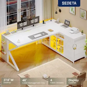 SEDETA L-Shaped Gaming Desk, 63“ L x 27.6” W Computer Desk with 4 Drawers & Display Cabinet, Executive Office Desk with Storage Shelves & LED Light for Home Office