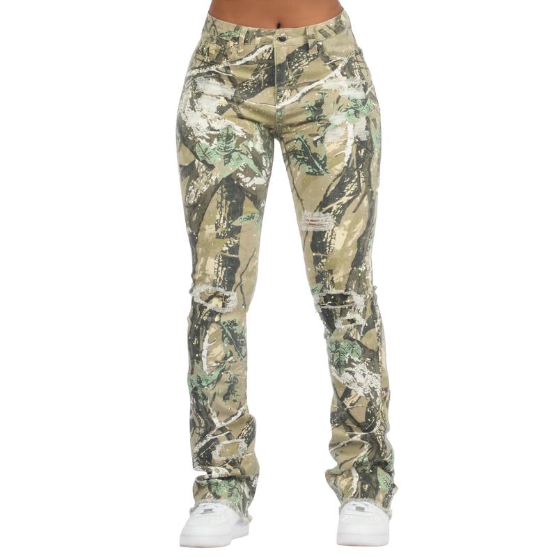 Kelle Tree Camo Rhinestone Stacked Jean