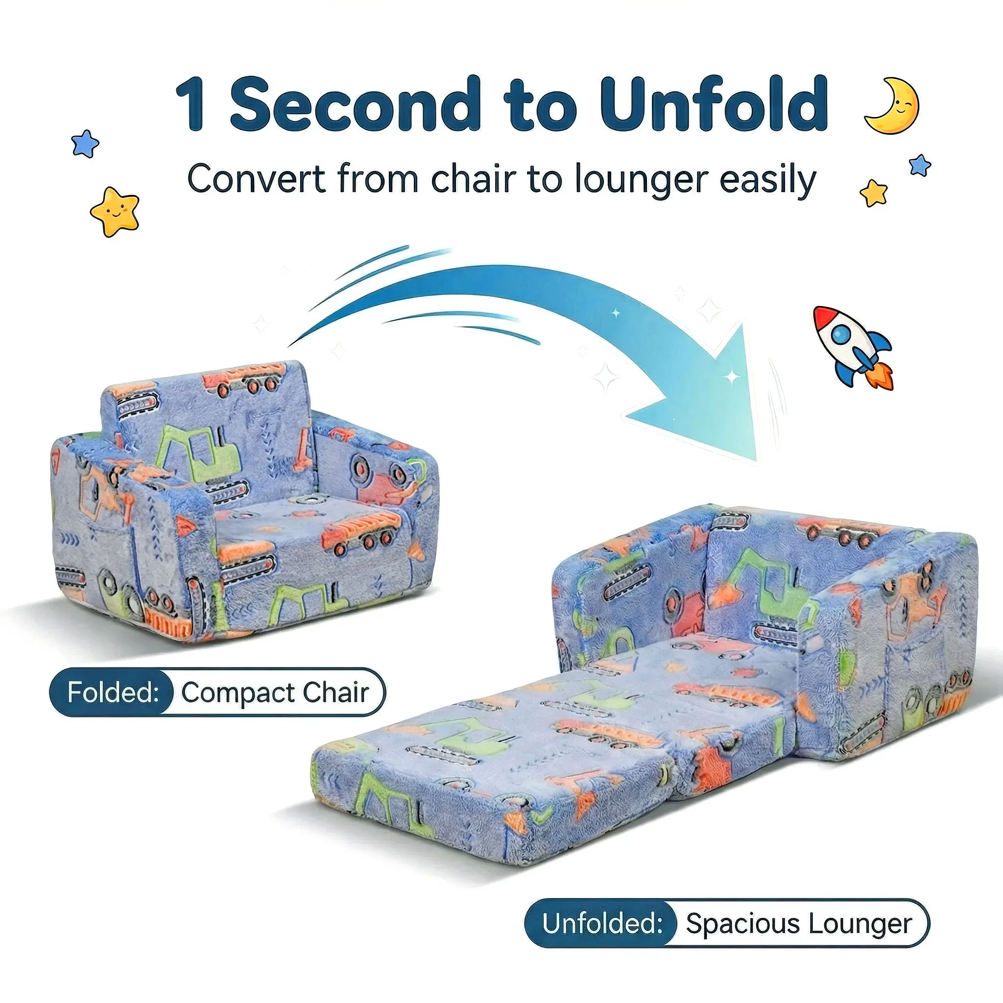 Kids Couch, 2-in-1 Toddler Chair Comfy 2-6 Years Old, Convertible Kids Chair, Toddler Couch Sofa, Kid Sofa to Lounge Bed for Boys and Girls Gifts, Kids Recliner, Blue Beanbag Ergonomic