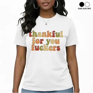 Women's Thankful For You Fuckers T-Shirt Multicolor Autumn Leaves Print Cotton Round Neck Short Sleeves Comfortable Fit Ideal for Casual Outings Soft Cotton Tee Style Womenswear