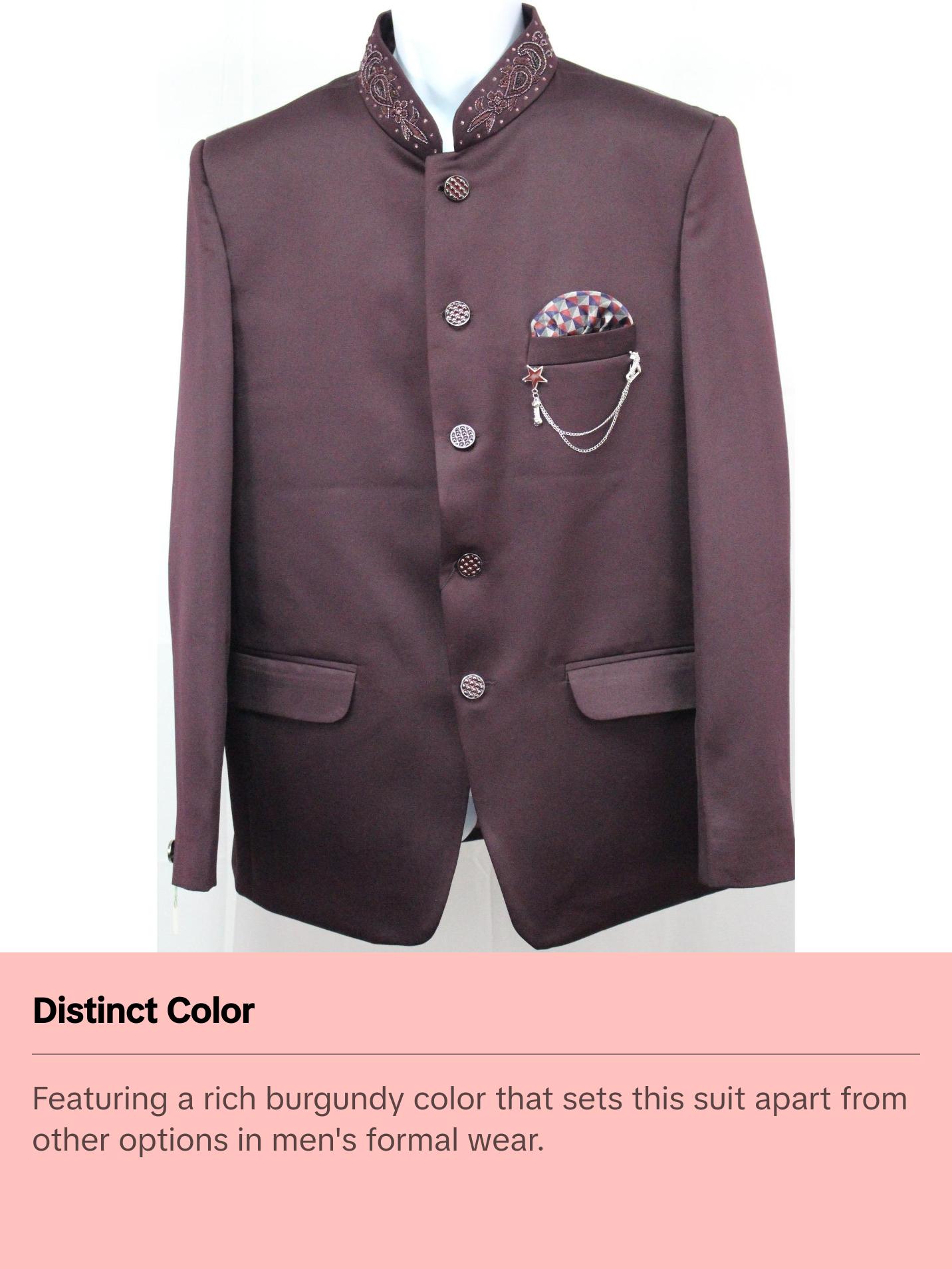 Burgundy Colored Two Piece Suit for Men with Hand Embroidered Collar