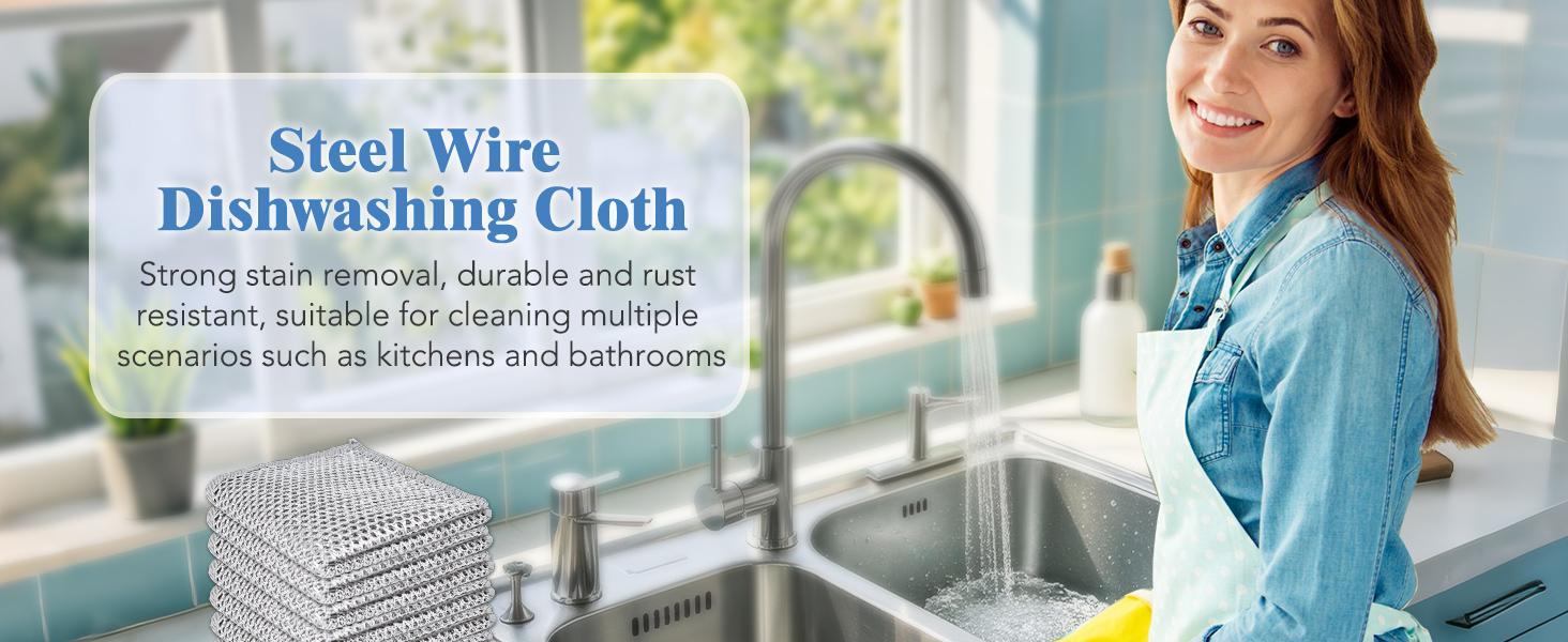 10 Counts Non Scratch Wire Dishcloth Multipurpose Wire Dishwashing Rag Metal Scrubbers for  for Wet and Dry Cleaning, 2-Layer Kitchen Cleaning Cloth Cleaning Tool