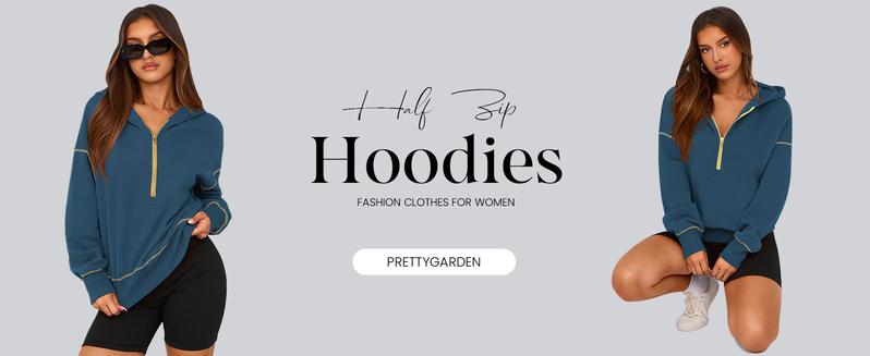 PRETTYGARDEN Women's Pink Hooded Sweatshirt Long Sleeve Half Zip Cropped Pullover with Gold Zipper & Stitching Detail for Winter Fashion