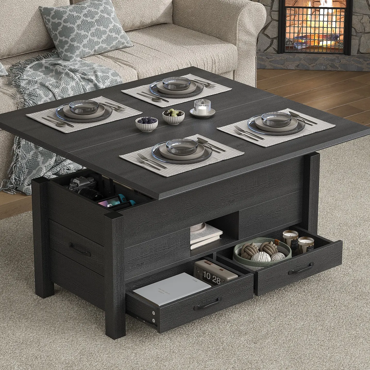 FUSOU 39.4" Convertible Lift Top Coffee Table, Multi-Function Coffee Table with 4 Storage Drawers & Hidden Compartment, Wood Center Table for Living Room, Dining Room, Home Office, Black,dorm essentials,home decor