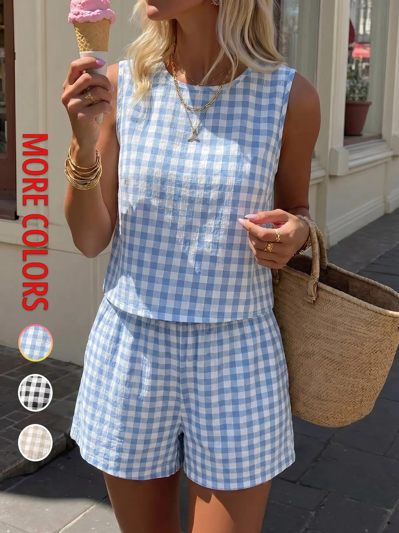 【Back to School Outfits】Women's Summer Casual Vacation Round Neck Vest Shorts Set Suits, Perfect for Weekend Trips, Graduation Season, Daily Leisure