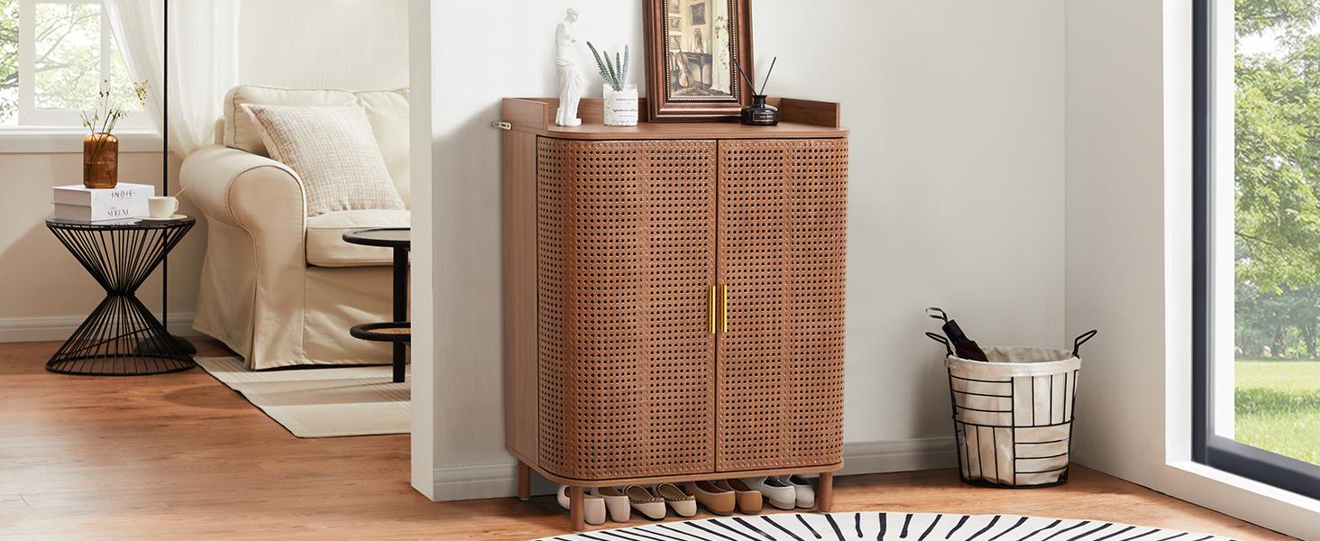 Giratree Shoe Cabinet, 5 Tier Boho Wooden Shoe Storage Organizer Cabinet with Adjustable Shelves, Shoes Rack with Iron Rattan Curved Doors Accent Cabinet for Entryway Hallway Living Room Giratree Shoe Cabinet, 5 Tier Boho Wooden Shoe Storage Organizer Cabinet with Adjustable Shelves, Shoes Rack with Iron Rattan Curved Doors Accent Cabinet for Entryway Hallway Living Room