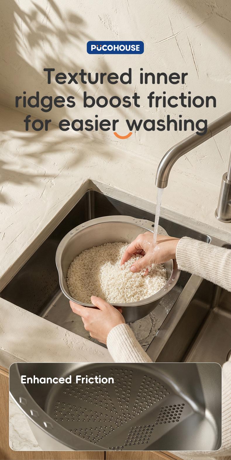 Rice Washer Strainer Bowl with Hook, Stainless Steel Washing Bowl with Side Drain Holes, Rinse Basket for Cleaning Quinoa, Fruits, Vegetables, and Beans – Multifunctional Kitchen Colander