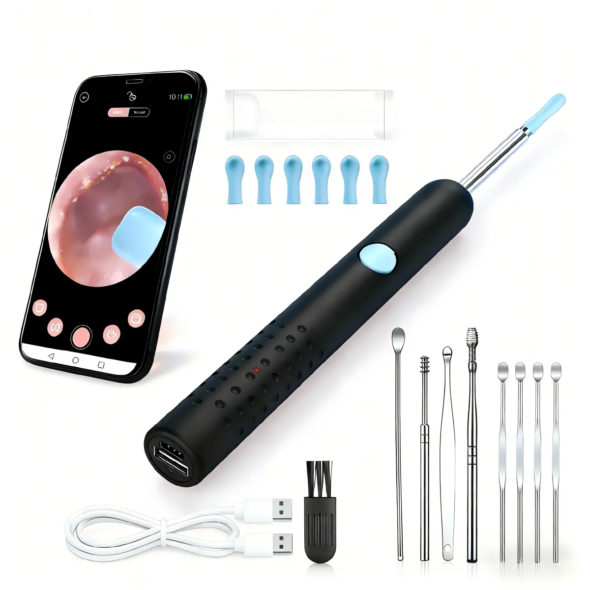 Ear Wax Removal  for Kids Pets 1080P HD Full Body Washable with LED Light Works with Phones Tablets Black ear cleaner with  ear wax removal kit for kids EarwaxAdvanced Ergonomic Ear Cleaning Kit Ear Pick Set tiktok Ear Pick Set Ear Irrigation Kit