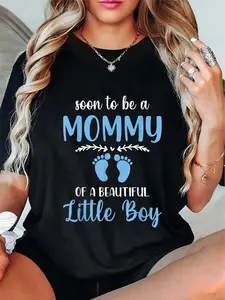 Women's Maternity Pregnancy Announcement T-Shirt - "Soon to Be a Mommy" Blue Text & Footprints Print, Comfort Fit Round Neck Casual Top, Machine Washable Black Shirt for Spring Summer Fall, Summer Obstetrics Apparel |   Decorative Maternity Wear |   Durab