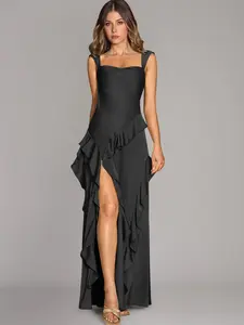 Azazie Sloane A-Line Sweetheart Cowl Ruffle Leg-Slit Cocktail Gala Satin Dress