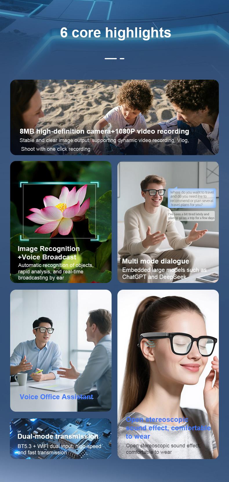 Smart Bluetooth Glasses with Camera, 1080p Video Recording Wearable Glasses, Multifunctional Wireless Audio Glasses with Headphone, Outdoor Sports Camera Sunglasses with Intelligent Voice Assistant, Anti-blue Light Protection Eyeglass