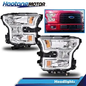 CROSSDESIGN Fit For 2015-2017 Ford F150 Amber Headlights Chrome Head Lamps Left &Right 1Pair