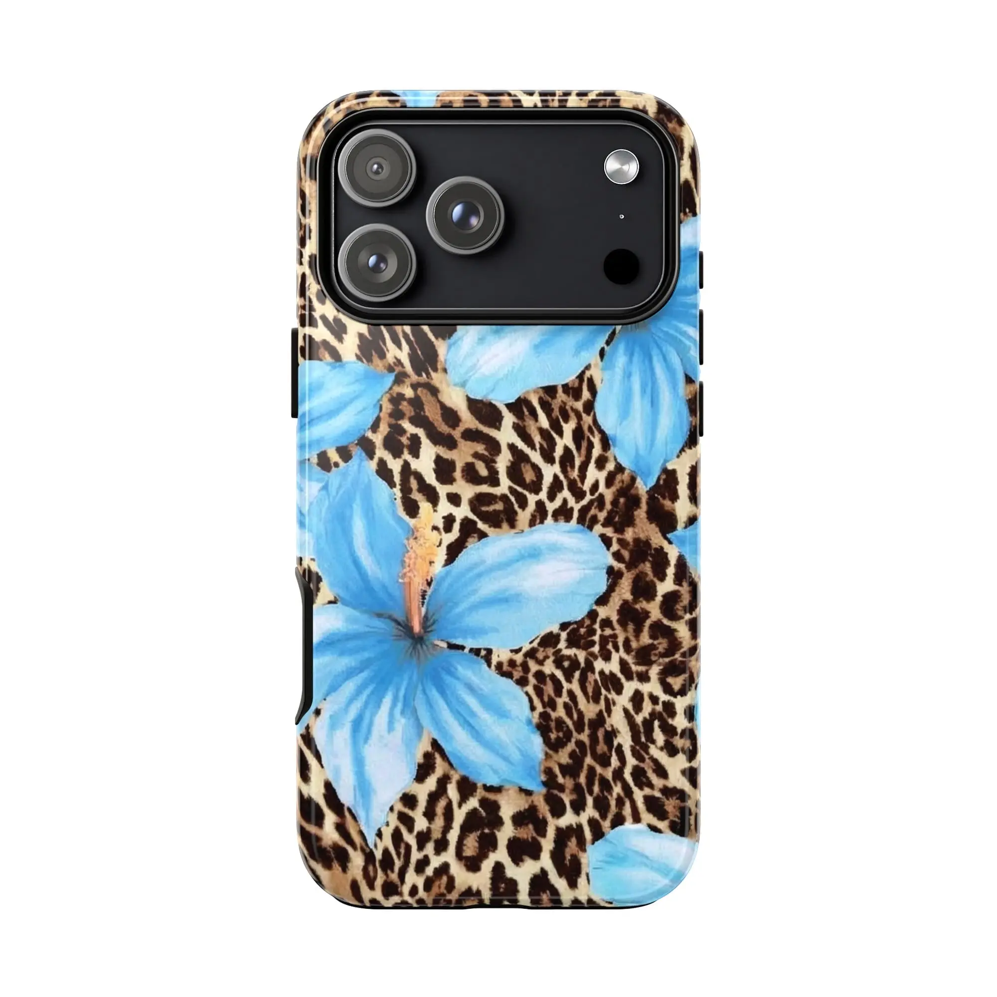 Leopard Blue Hibiscus Phone Case Tropical Girly Floral Design for iPhone 17 16 15 14 13 12 11 X, Summer Design Case