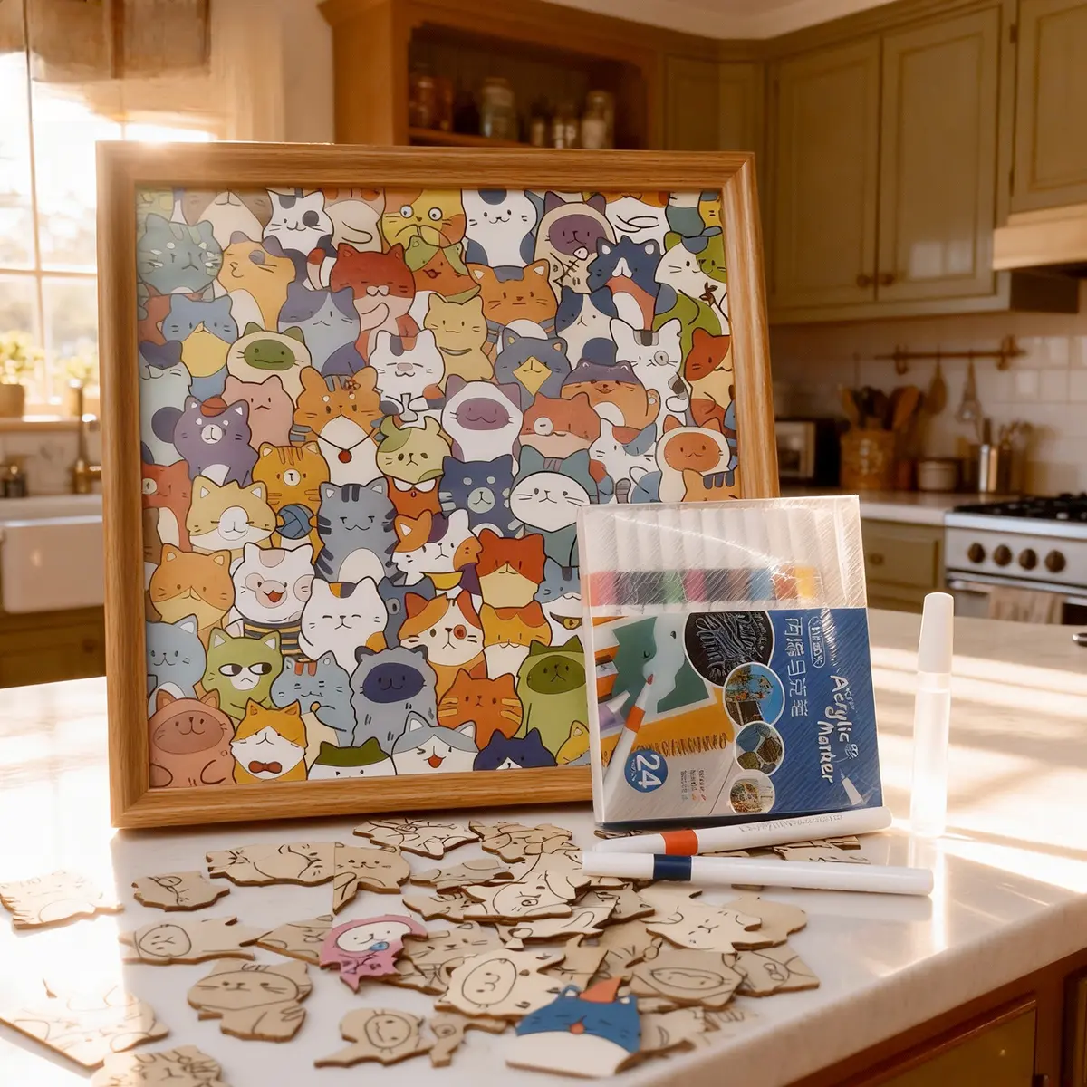 Cat DIY Wooden Puzzle 80 Irregular Pieces 24 Free Coloring Pens Stress Relief Craft Toy Creative Gift for Kids Adults Birthday Valentine's Day