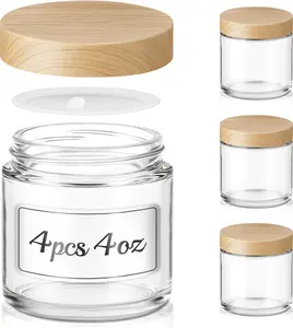 4 oz Small Glass Jars with Lids, Bumobum Clear Cosmetic Jars with Plastic Woodgrain Lids, 120ml Refillable Empty Containers for Cream, Salve, Powders and Lotion Storage, 4 Pack