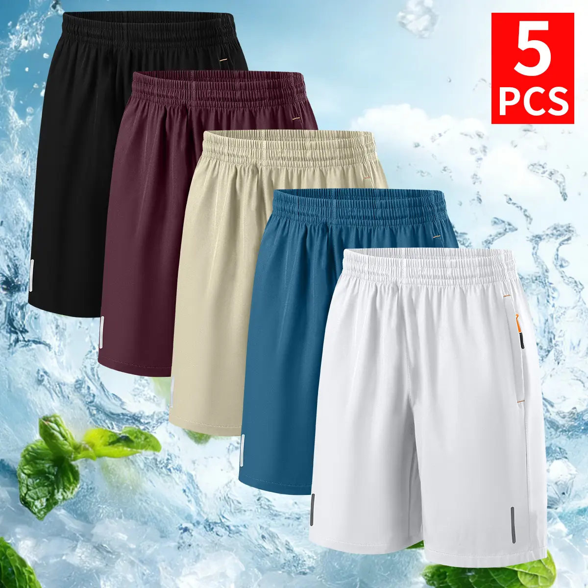 Men's Athletic Training Shorts (Pack of 5) - Adjustable Waistband, Breathable, Zippered Side Pockets, Ideal for Gym, Adjustable Waistband Men's Shorts