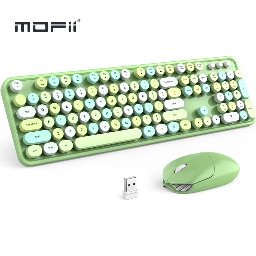 MOFII Wireless Keyboard and Mouse Combo, Cute Full Size 2.4GHz Retro Typewriter Keyboard with Number Pad, Plug and Play Keyboard Mouse Set for Laptop, PC, Desktop, Windows, Mac, Green