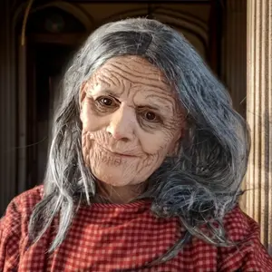 Realistic grandma old woman latex mask with movable mouth and soft latex grandma mask, gray hair, Halloween costume accessories, elderly role-playing props lightweight comfort Adult Costume Accessory Set creative prank gift