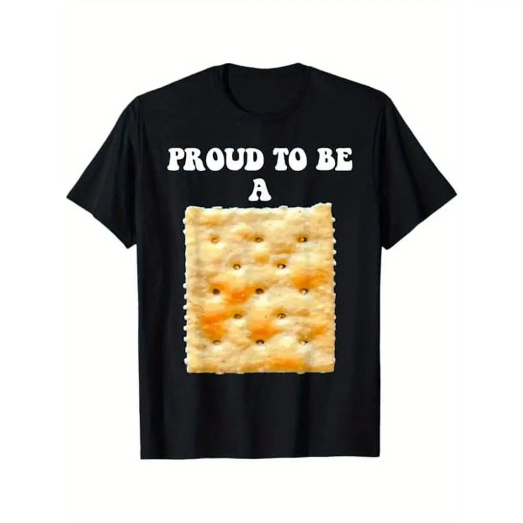 Men's Funny "Proud to be a Cracker" Saltine Print Short-Sleeve Tshirt - Black, Crew Neck, Breathable Casual Menswear Top, Ideal for Dads & Husbands, All-Season Funny T Shirt