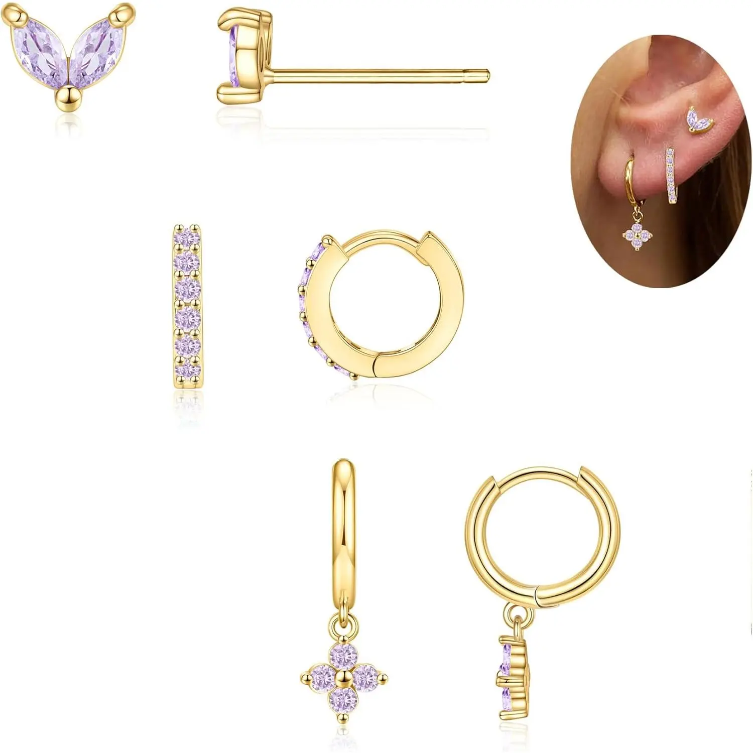 Unisex 3-Dainty 3-Hole Birthstone Earrings, Non-Tarnish Hypoallergenic 12mm Gold-Plated Brass Cartilage Hoop Studs for Multiple Piercings, Butterfly Cubic Zirconia Birthday Gifts