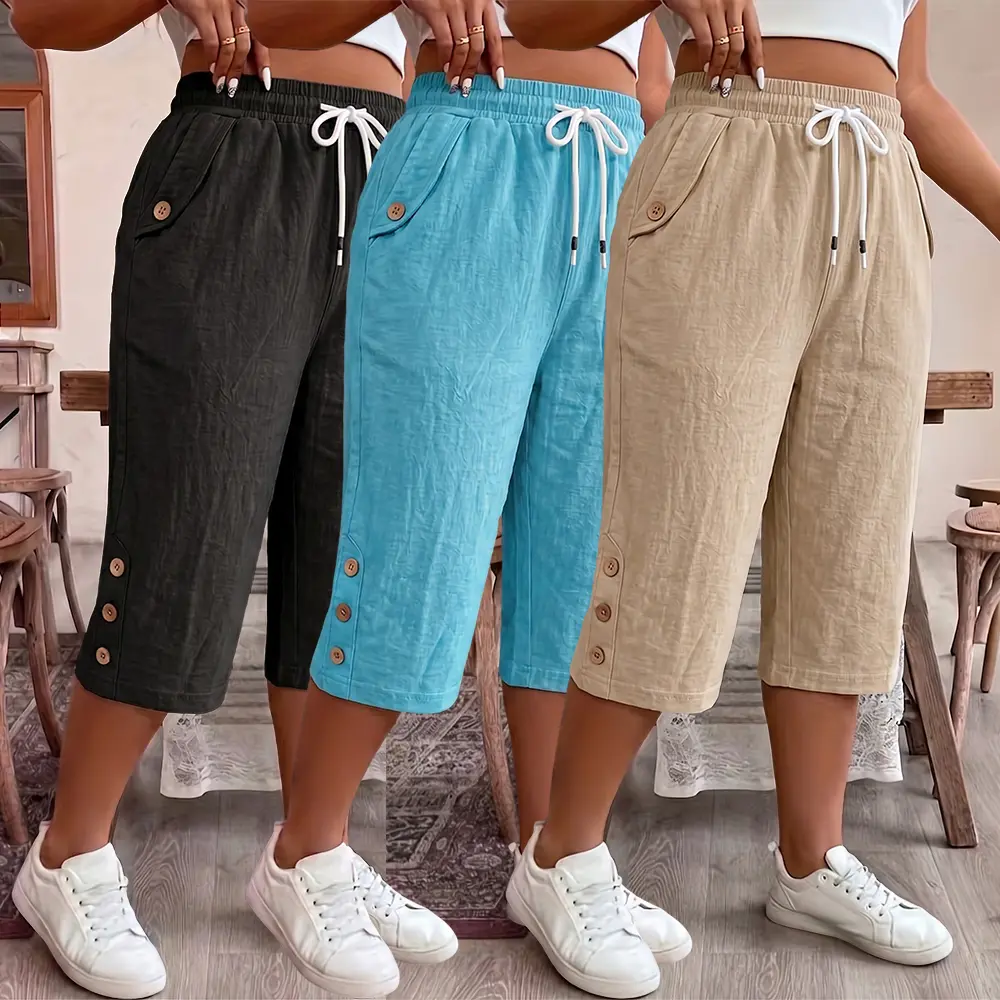 Women's Crinkle Textured Capri Pants, Elastic Waist Drawstring Casual Cropped Trousers with Side Button Accents