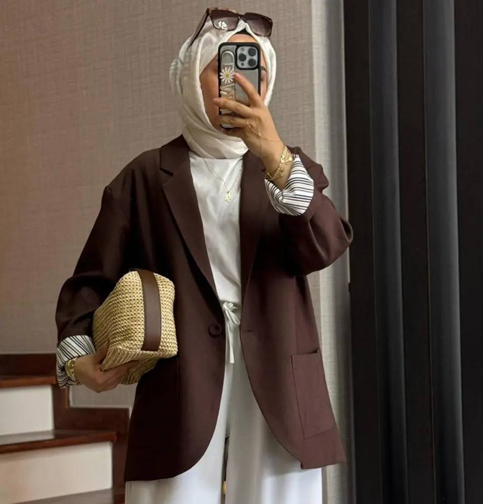 Muslim Women's Cotton-Blend Oversized Twill Blazer - Brown