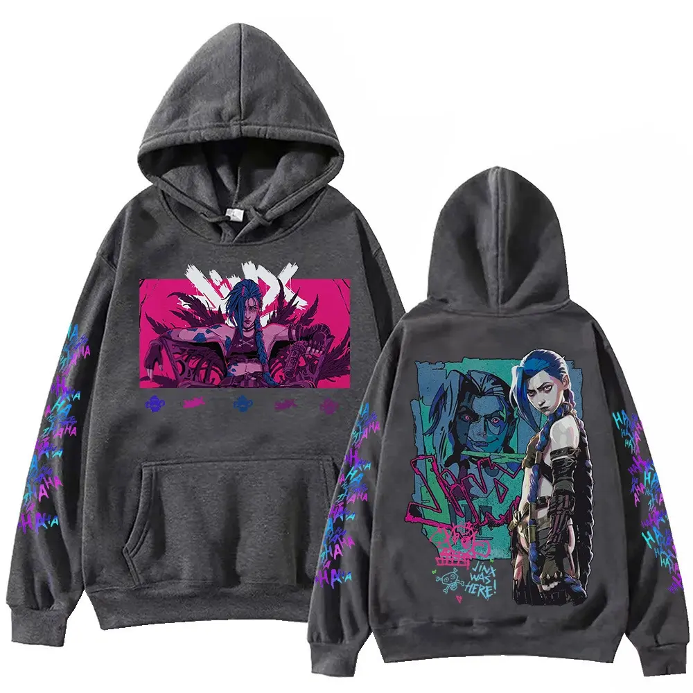Men's Anime Jinx-Arcane Character Print Hoodie, Double-Sided Graphic Long-Sleeve Pullover Sweatshirt, Hip-Hop Streetwear Casual Top for Men and Women