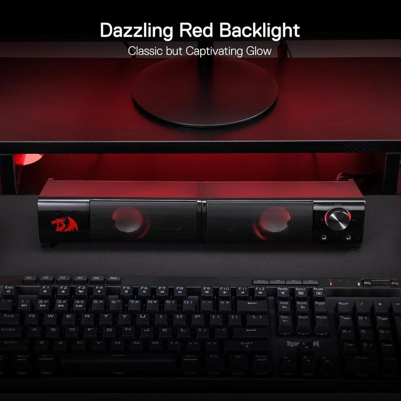 Redragon GS550 PC Audio Gaming Speakers, 2.0 Channel Desktop Computer Sound Bar with Compact Maneuverable Size, Headphone Jack, Quality Bass & Decent Red Backlit, USB Powered w/ 3.5mm Cable
