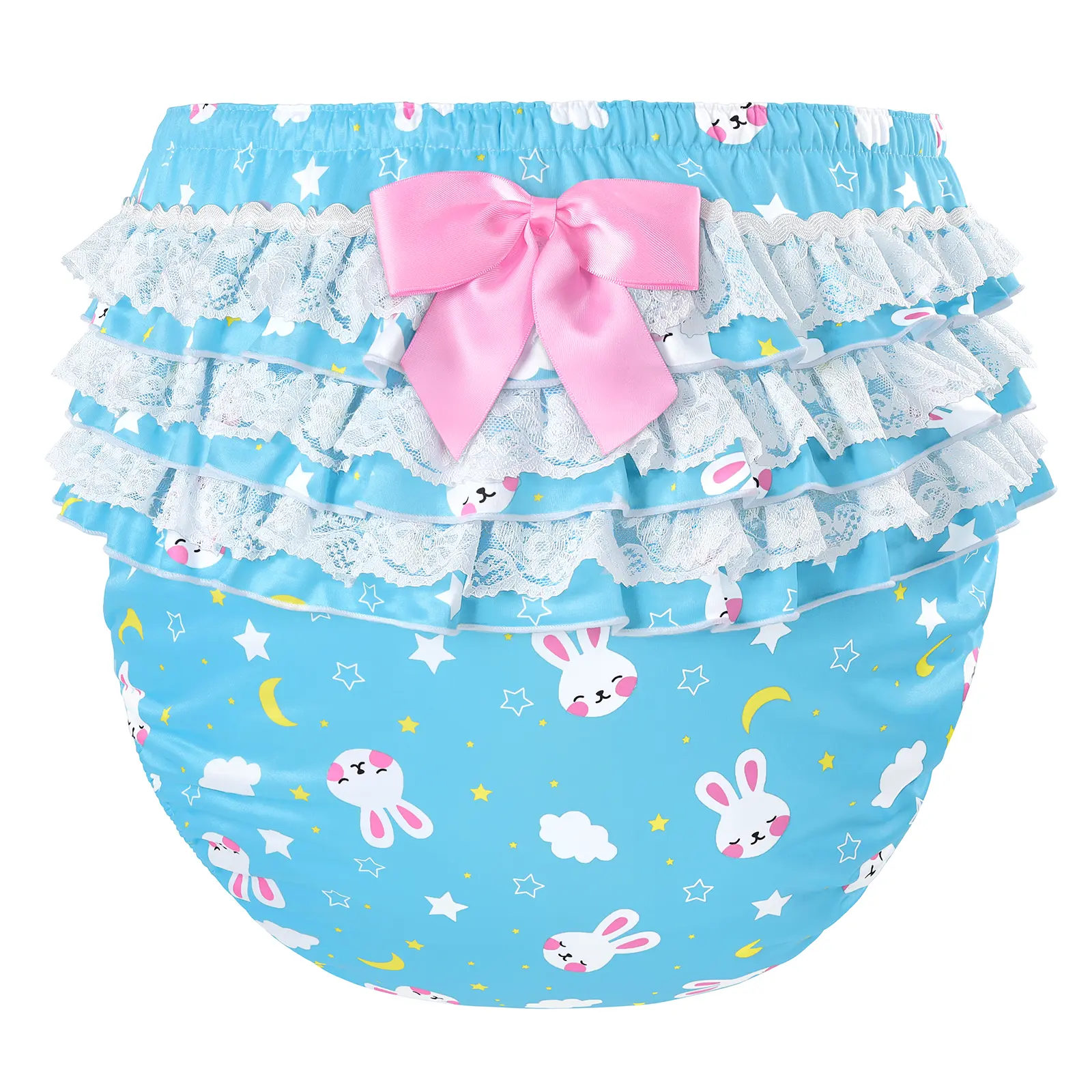 LittleForBig Silky Washable Reusable Waterproof Ruffled Lace Bow Snuggle Bunny Pattern Ruffle Adult Diaper Cover