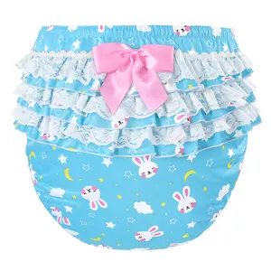 LittleForBig Silky Washable Reusable Waterproof Ruffled Lace Bow Snuggle Bunny Pattern Ruffle Adult Diaper Cover