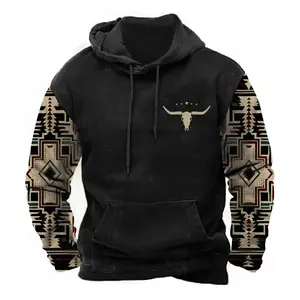 Mens Aztec Hoodie Western Hooded Sweatshirt Cowboy Pullover Warm Oversize Casual Long Sleeve Drawstring with Pockets Menswear Oversized Relaxed Fit Cotton Polyester