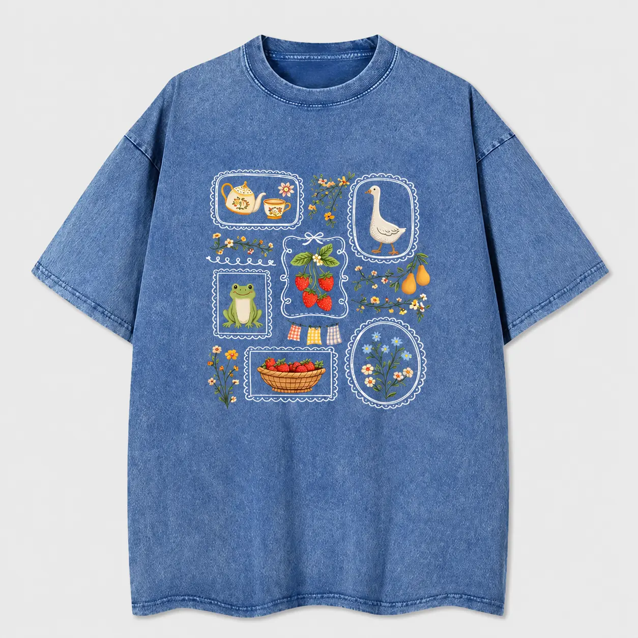 Oversized Washed Cotton Graphic T-Shirt, Vintage Goose Frog Strawberry Floral Tee, Soft Casual Crew Neck Shirt