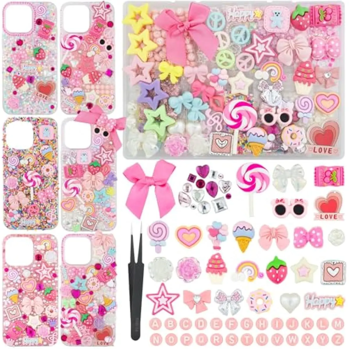 1430 Pcs Junk Phone Case Decoration Kit, Charms for Customizing Cases, Kawaii Bow, Letter Beads, Nail Accessories, Flatback Pearls, Rhinestones, Cute Aesthetic Decor for Personalization