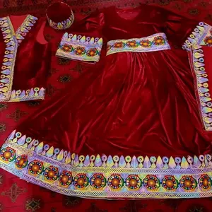 Afghan Clothing Set - Vibrant Red Velvet Dress with Embroidered Borders and Matching Accessories